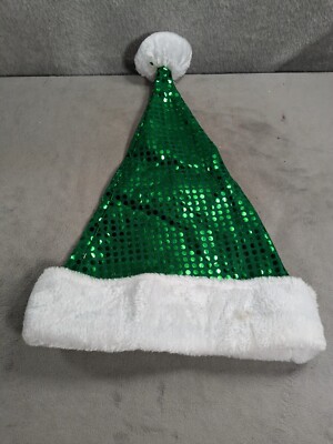 St Nicks Choice Santa Green Sequins Hat With White Fur Trim & Pom Pom 