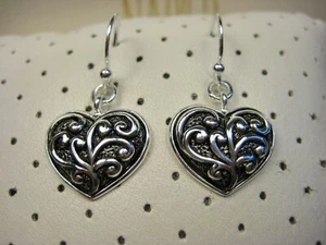 Wonderful Vintage Looking Filigree Love Heart Hart Dangle Hook Earrings 925