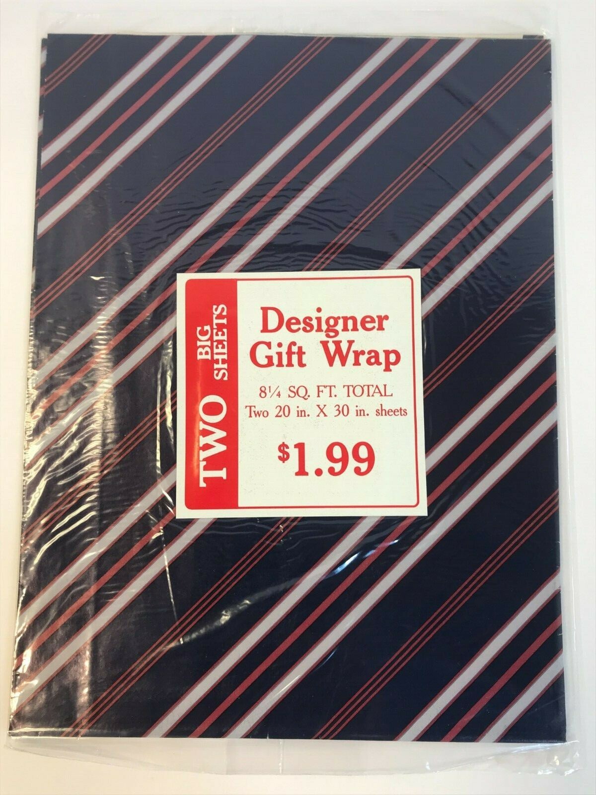 NOS 1980's Vtg Stripes Navy Blue Red Silver  Gift Wrap Paper 