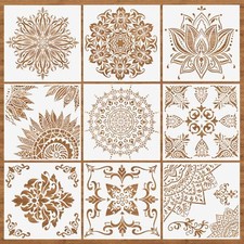 9 Pack 12x12 Inch Reusable Stencil Mandala Painting Template for Floor Wall Tile