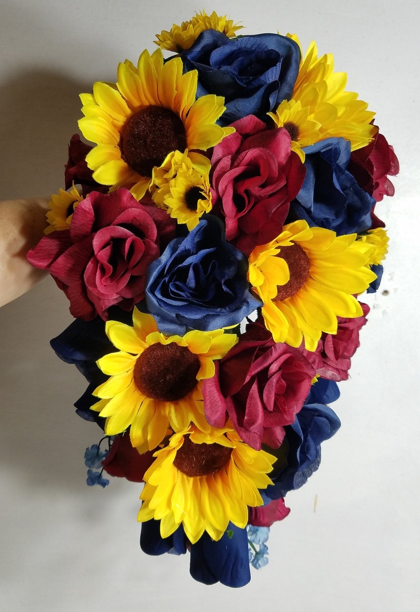 Burgundy Navy Blue Sunflower Bridal Wedding Bouquet Accessories | eBay