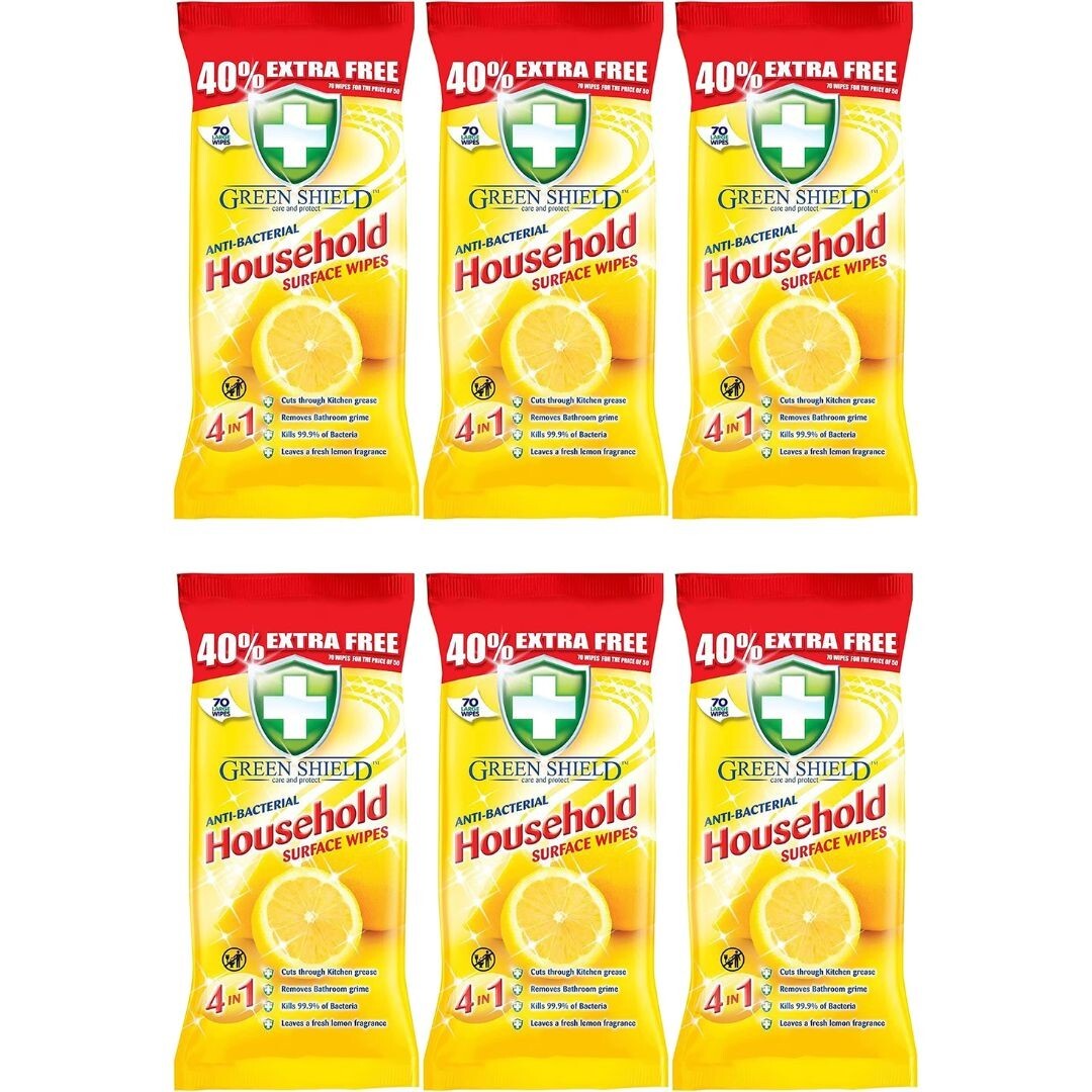 3 x GREEN SHIELD 70 LARGE HOUSEHOLD 99.9% ANTI BACTERIAL SURFACE LEMON WIPES - Image 15
