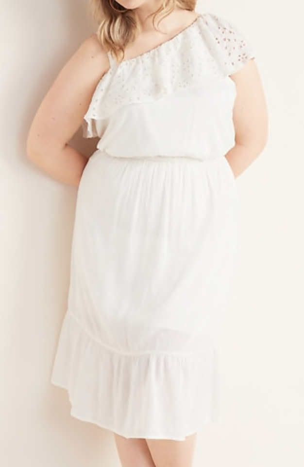 old navy white crochet dress NEW Old Navy Ivory One Shoulder Crochet Ruffle Trim Waist Defined Dress XL