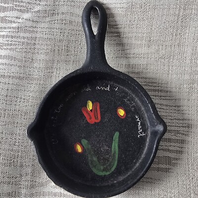 Mini Vintage Hand Painted Cast Iron Decorative Pan Floral with Wisdom 4.5 inch
