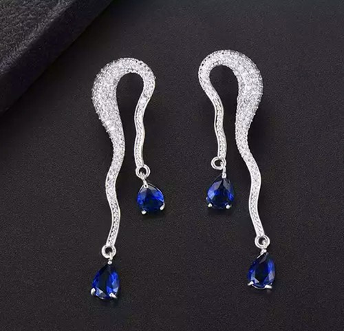 18k White Gold Plated Lab-Created Blue Sapphire Long Earrings Designer Inspired - Picture 6 of 8