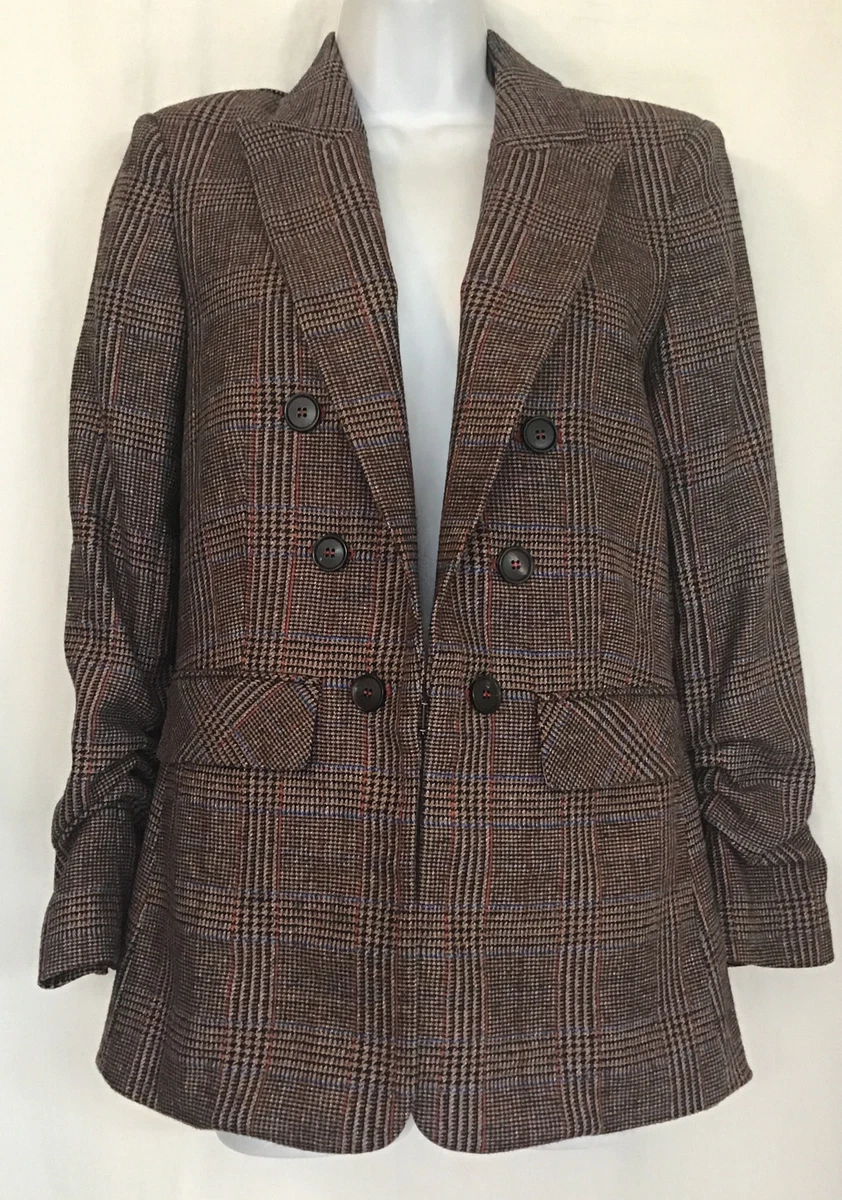 Veronica Beard Theron Jacket Brown Plaid Ruched Sleeve Hook Front Wool Size 2
