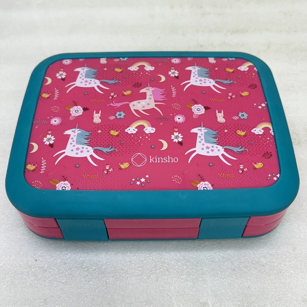KINSHO Bento Box Pink & Teal Unicorn 5-Portion Sections Removable Tray • VGUC‼