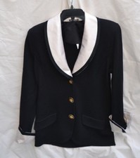 ST JOHN NEW AUTH 1699 Women Black Knit Jacket with White Silk Collar Cuff Sz 6