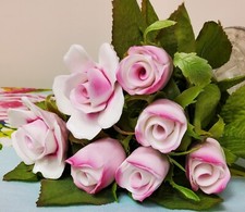 Set Of 7 Vintage Bone China Handmade Artificial Pink Roses & Rosebuds