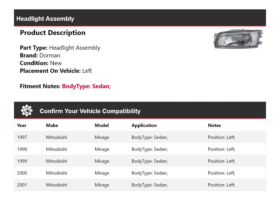 Conjunto de faros izquierdo para Mitsubishi Mirage 1997-2001 sedán Dorman 1998 1999 Foto 2 de 4