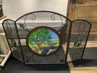 Vintage Tiffany Stained Glass Fireplace Screen 3-Panel Wrought Iron 49” x 32.5”