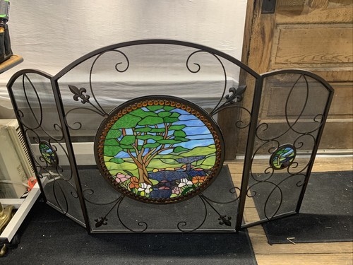 Vintage Tiffany Stained Glass Fireplace Screen 3-Panel Wrought Iron 49” x 32.5”