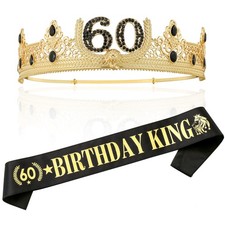 60TH Birthday King Crown and Sash,60TH Gifts for Men Party Decoration Gold