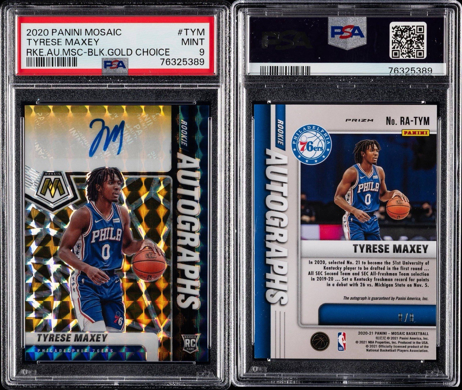 2020-21 Panini Mosaic Rookie Tyrese Maxey Choice Black Gold Prizm Auto 8/8 (RC) view 3