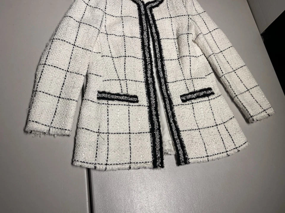 Chaqueta Alice + Olivia Mujer’s 8 Indira Ajustada Blazer Abrigo Tweed Blanco Negro Foto 3 de 4