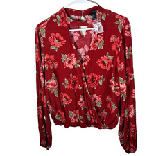 Forever 21 Blouse Women's 0X Red V-Neck Chocker Wrap Cut Out Long Sleeve