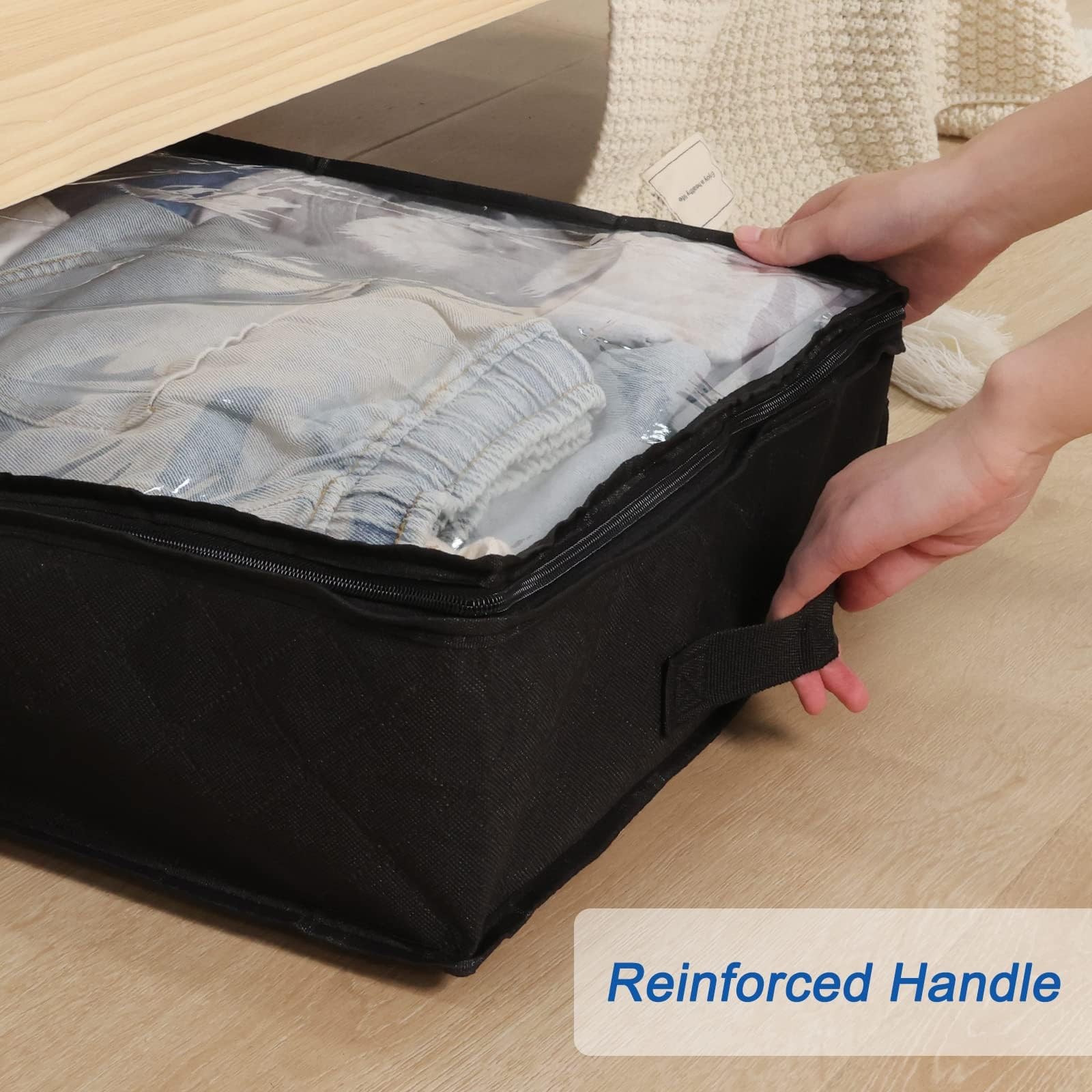 4 Pack Black Underbed Storage Bags with Clear Window and 2 Reinforced Handles...