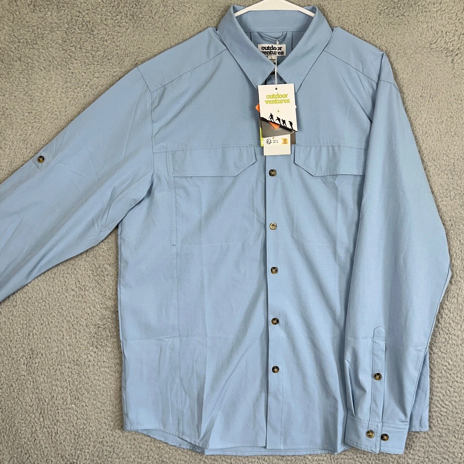 NEW Outdoor Ventures Shirt Mens Large Light Blue Ripstop Hiking Fishing Vented