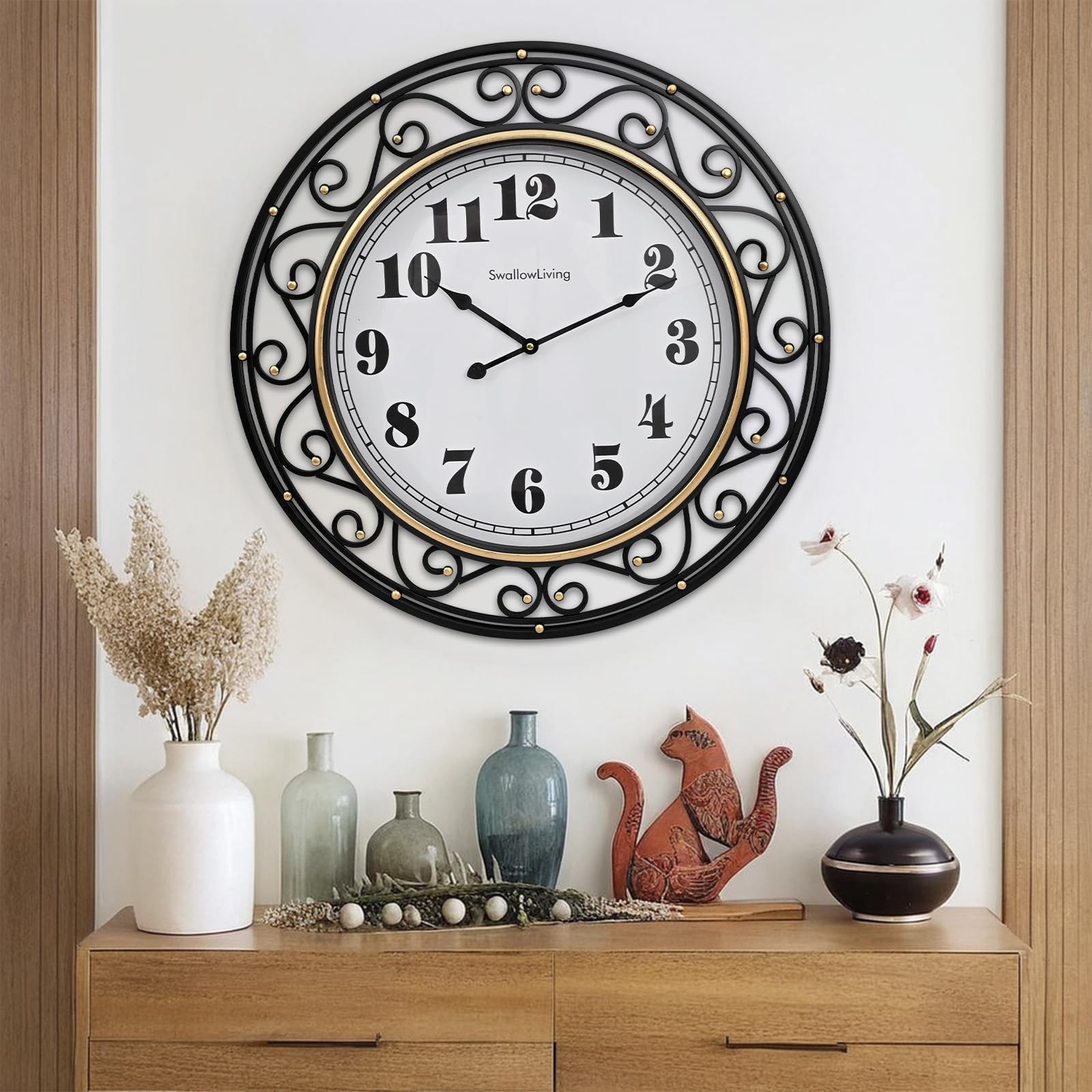 SwallowLiving 24 Inch Vintage Iron Metal Frame Wall Clock 24 Inch, Black