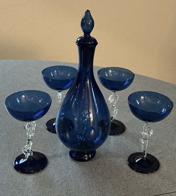 4 Likörgläser mit Flasche handgearbeitet Lauscha ca 1975 blau