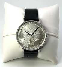 AMERICAN EAGLE .999 SILVER DOLLAR Watch Black Leather band MINT New Battery READ