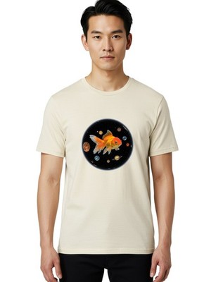 Goldfish-In-Space Mens Graphic Tee, 100% Cotton, Casual Summer Wear