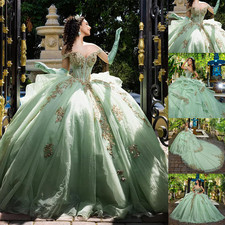 Princess Gold Applique Quinceanera Dresses with Bow Ruffled Off Shoulder Dresses