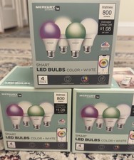 Merkury Smart LED Bulbs Color White 4 Pack A19 800 Lumens Wi-Fi Voice Control.