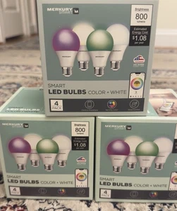 Merkury Smart LED Bulbs Color + White 4 Pack A19 800 Lumens Wi-Fi Voice Control.