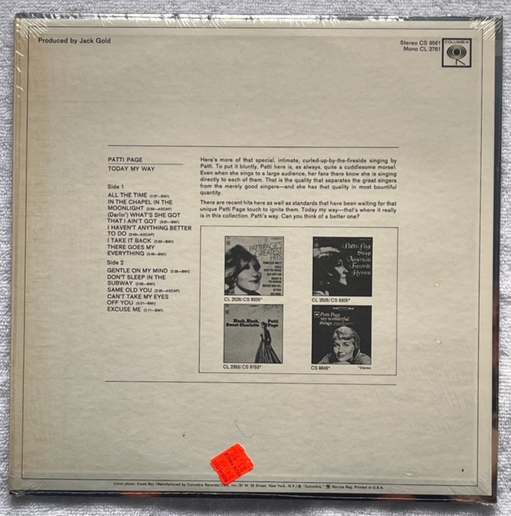 PATTI PAGE Today My Way '67 1stPress w/ 2-Eye Columbia Labels HYPE STICKERS VG++ thumbnail 2