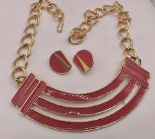 BOLD 80’s vintage MONET vivid RED ENAMEL necklace, clip earrings LOT