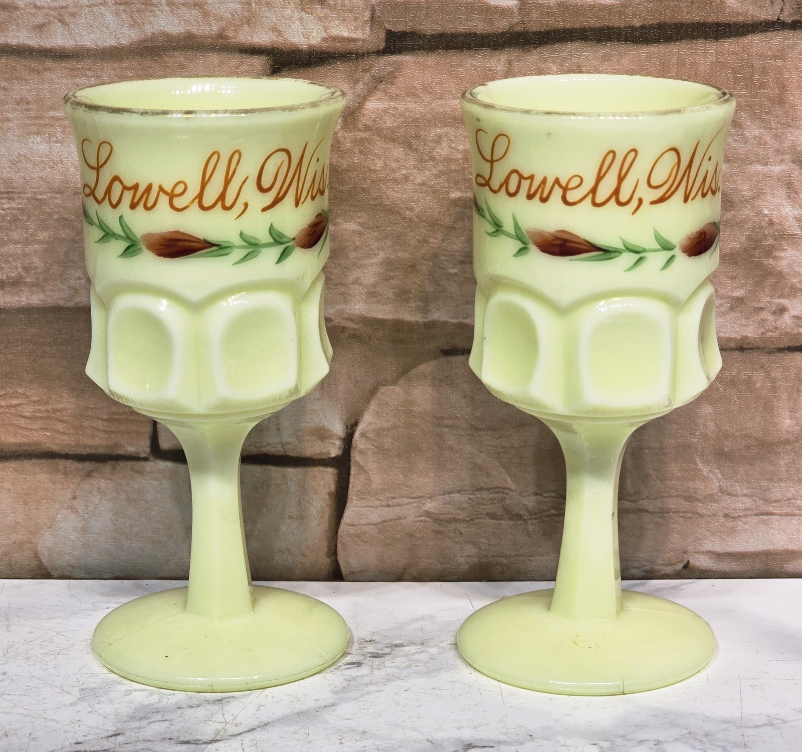 Lot of 2 Victorian Era Custard Glass Uranium Souvenir Goblet Lowell Wisconsin 
