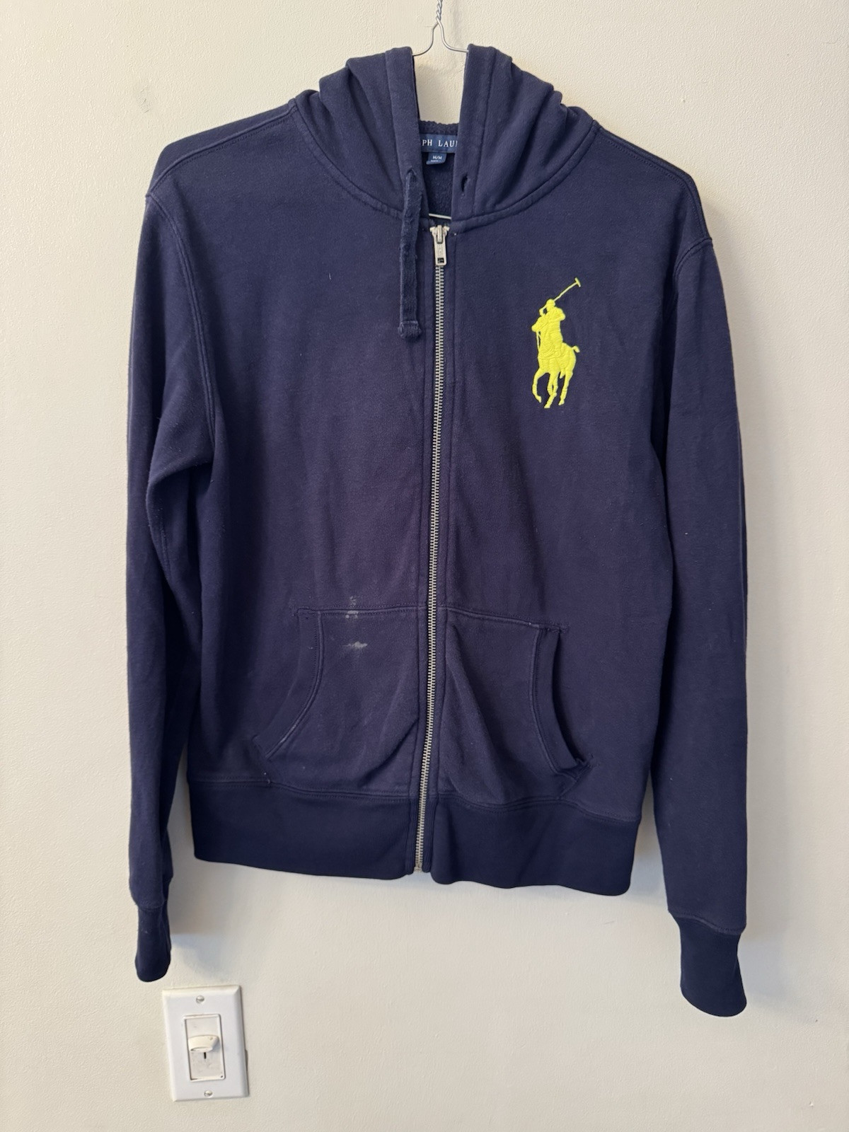 Polo Ralph Lauren ragazzo con cappuccio grande pony logo zip blu taglia media necessita di un lavaggio