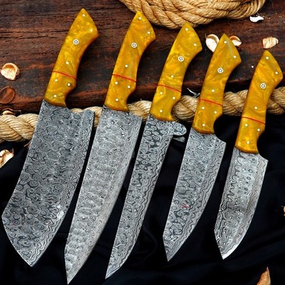CUSTOM HANDMADE RAINDROP DAMASCUS HAMMERED 5 PIECES CHEF SET W/ LEATHER BAG