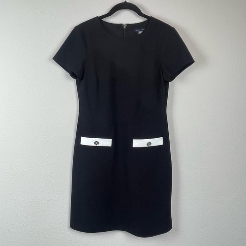 Tommy Hilfiger Black Shift Dress 4P Short Sleeve Faux Pockets Essential Petite