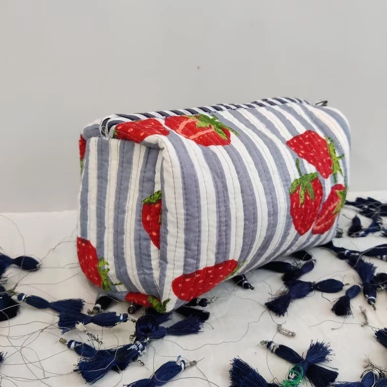 Indian Gray Striped Cotton Quilted Toiletry Purse Cosmetic Storage Bag Of 3 Pc
