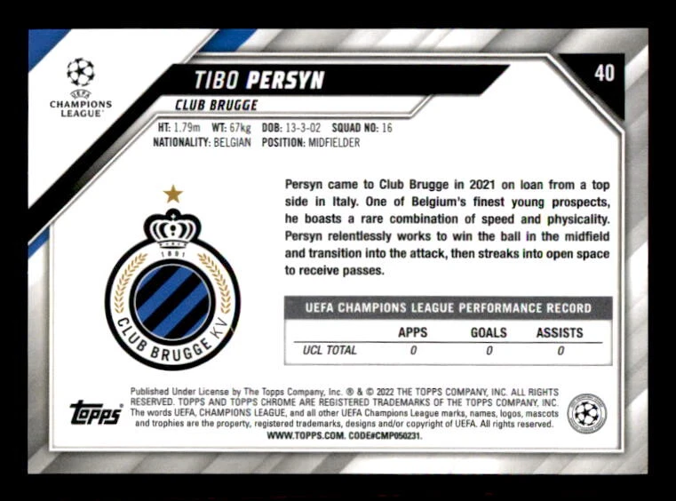 2021-22 Topps Chrome UEFA Champions League #40 Tibo Persyn - Image 2 of 2