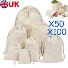 50/100X Cotton Drawstring Bags Muslin Calico Bag Tote snack Gift Sachet Bag Bulk