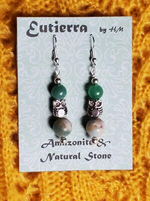 Eutierra Semi-Precious Amazonite Earrings Hand Crafted USA Silver Plated 2 1/4'' 