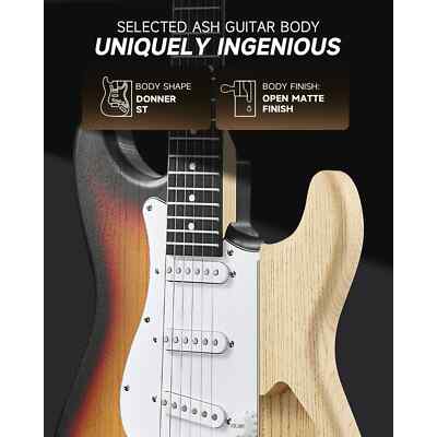 Donner 39in Electric Guitar Starter Kit w/Case, Amp, Tuner, Bag, Strap, Sunburst