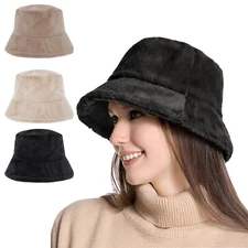 Bucket Hat for Women Furry Fur Winter Warm Fluffy Plush Simple Fisherman Cap