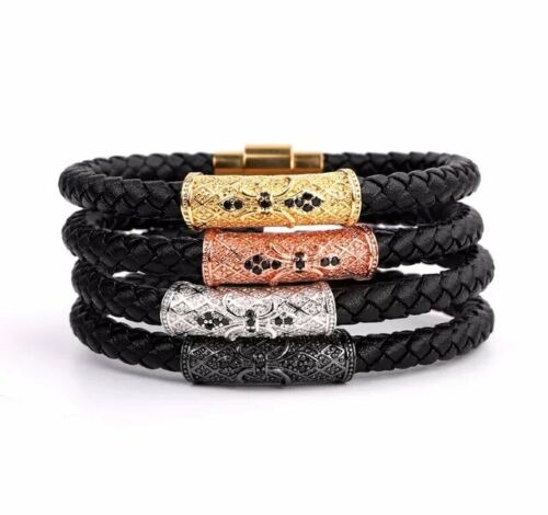 Genuine Leather Stainless Steel Gold/Silver/Black Plated Bracelet & Cubic Zircon - Picture 1 of 6