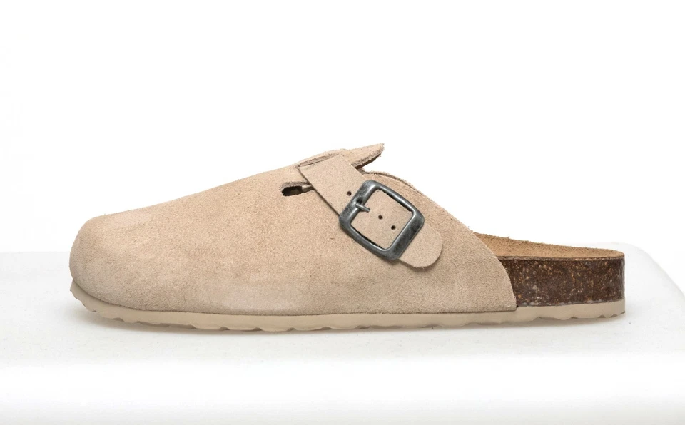 Echt Leder Pantoletten Damen Sandalen Hausschuhe Bio Fußbett Korksohle beige - Bild 2 von 4