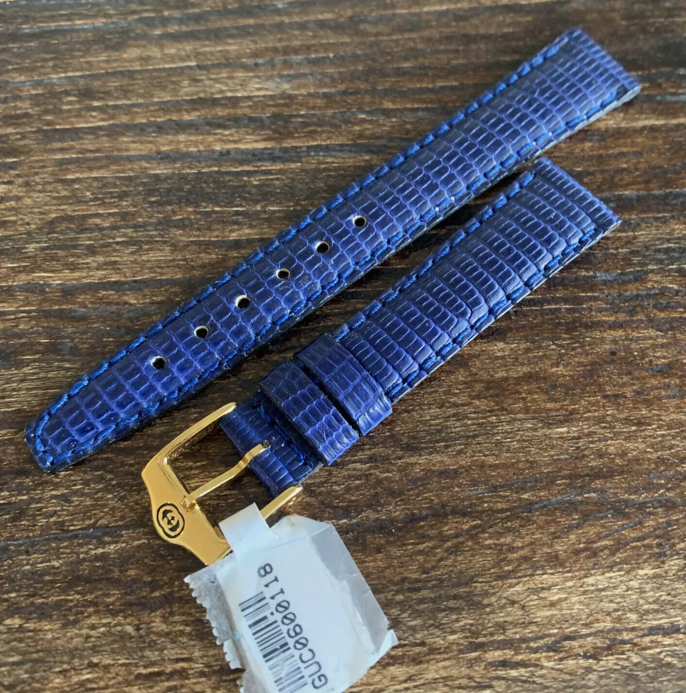 Bracelet de montre Gucci 14 mm bleu marine cuir lézard ton or boucle France originale