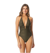 Vince Camuto Plunging Texture One Piece Swimsuit Womens 14 Pacific Wave Green