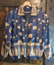 Vintage Fuda International Silk Bomber Jacket Size Large Navy Blue Floral Zip