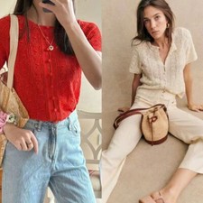 Sezane Women's Cutout Crochet Short Sleeve Crew-neck French Knit Top