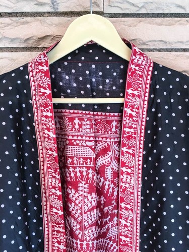 Spolverino kimono corto pura seta giacca cardigan mantello accappatoio sciolto nero KMS2556 - Foto 2 di 5