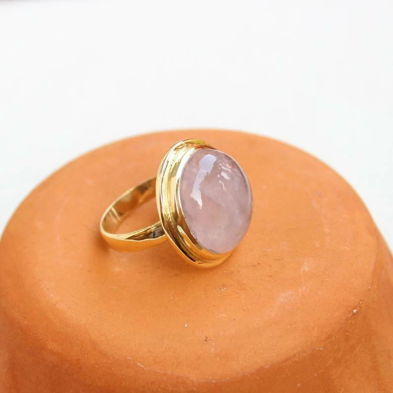 Natural Pink Rose Quartz Cab Gemstone Sterling Silver Yellow Gold Plated Ring - Изображение 2 из 4