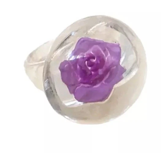 Anillo Cúpula Flor Seca Lucita Burbuja Grande De Colección Transparente Púrpura Rosa Talla 6.75 Foto 3 de 4